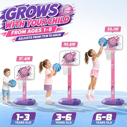 YESHIN Toddler Basketball Hoop Adjustable Height 30-55 Inch with 4 Balls, Large Stable Water-Fill Base, Indoor Outdoor Poolside Kids Basketball Goal for Boys Girls Ages 1-8 Birthday Gift -Pink - color: Pink