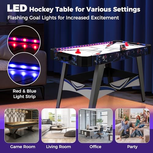 Goplus 54" Air Hockey Table, Hockey Game Table w/LED Scoreboard, Lights, 2 Pucks, 2 Pushers, Powerful 12V Motor, Indoor Powered Arcade Style Table for Kids Adults, Game Room, Home, Office