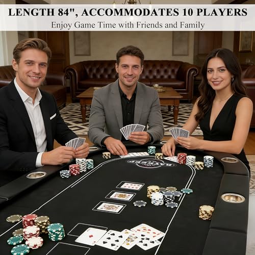 RAYKEEP 84" Poker Table for 10 Players, Foldable Texas Holdem Table with Padded Rails & 10 Cup Holders, Portable Casino Board Game Table for Game Room, Blackjack, Party (Black) - color: 84“