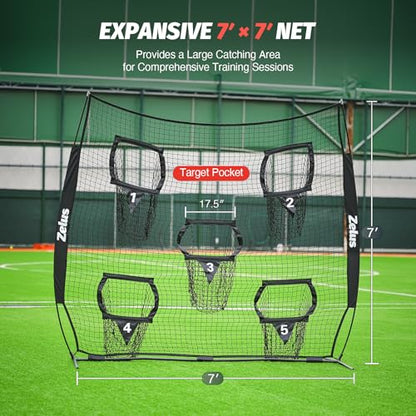 ZELUS Football Throwing Net, Quarterback Training Equipment with 5 Target Pockets, Football Practice Throwing Passing Accuracy Trainer with Carry Bag Ground Stakes for Kids Adults - color: Black, size: 7×7