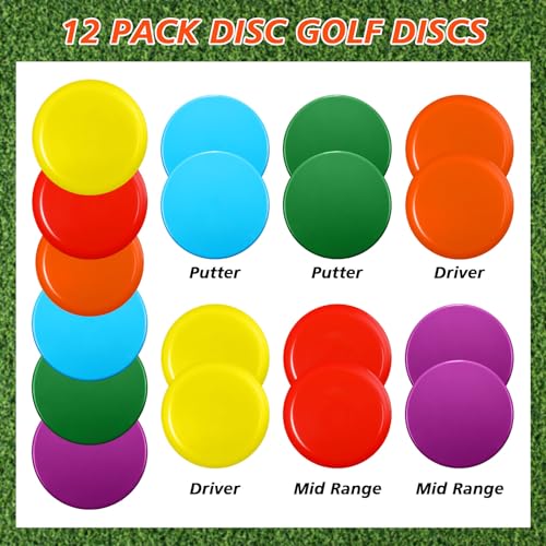 Poen 12 Pieces Disc Golf Set 4 Putter 4 Mid Range 4 Driver 140-160 g Plastic Disc Golf Comfortable Flying Disc for Beginner, DIY Your Discs (Blue, Green, Red, Purple, Yellow, Orange)