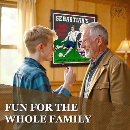Personalized Dart Board Cabinet Set with 6 Steel Tip Darts, Paper Dartboard, Chalk & Eraser (21.5 x 21.5 x 2.75) - Man Cave Dart Boards for Adults - style: Soccer