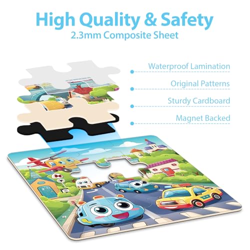 Magnetic Car Puzzles for Toddlers 3-5, 9-12-16 Pieces - Ages 4-6 - Educational Learning Toys for Boys & Girls - style: Car