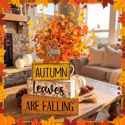 Lineshading 4 Pcs Fall Decoration for Home Wooden Maple Leaf Thanksgiving Table Centerpiece Rustic Thanksgiving Tiered Tray Decor Decorative Autumn Leaves Block Sign Farmhouse Autumn Decor for Kitchen - style: Autumn Leaves