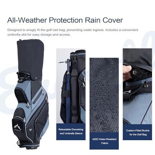 uniHimal 14-Way Golf Cart Bag with Organizer Divider & Rain Cover - color: Black-Foggy Blue