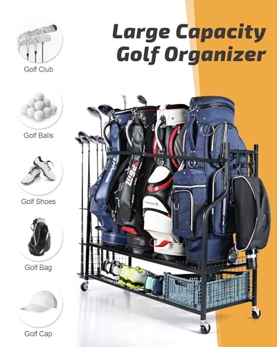 PLKOW 4 Golf Bag Organizer Garage Storage, Extra Large Golf Bag Storage Rack for Golf Bag, Golf Clubs and Golf Accessories, Golf Storage for Garage, Golf Clubs, Basement
