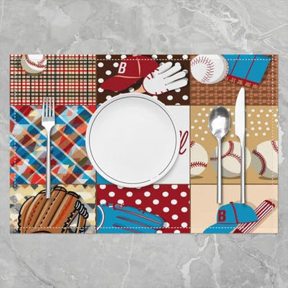 Feelyou Baseball Table Place Mats Boys Girls Sports Game Washable Fabric Decoration Table Mats Placemat Baseball Gaming Placemat Kitchen Dining Table 18"x12" Bedroom Decor Plaid Blue Brown Table Mats