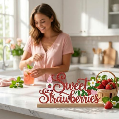 Sweet Strawberries Summer Table Decorations Red Strawberries Metal Table Sign with Wooden Base Cute Summer Tiered Tray Decor Strawberry Tabletop Centerpiece for Kitchen Home Party Centerpieces - style: Sweet Strawberries
