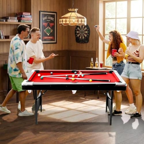 7FT Space-Saving Folding Pool Table for Adults & Kids red Felt, Complete Accessory Set, Easy to Store – Portable Billiards Table for Game Rooms and Arcades