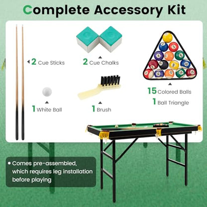 HONEY JOY 48" Pool Table, 4 FT Mini Portable Folding Pool Game Table Set w/ 2 Cue Sticks, 16 Balls, Triangle, 2 Chalks & Brush, Indoor & Outdoor, Billiard Tables for Kids Adults Family Game Room