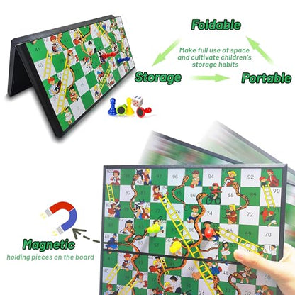 KIDAMI Magnetic Snakes and Ladders Board Game Set, Folding Portable Design, Family Travel Game Set Gift for Kids and Adults (11.2 inch x 11.2 inch)