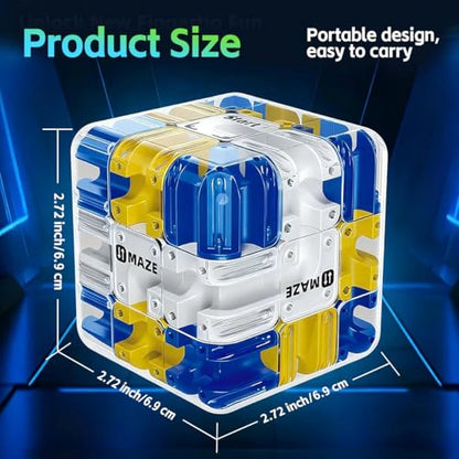 3D Rolling Ball Maze Cube, Large Labyrinth 3D Puzzle Marble Maze Cube, Brain Teaser Game, Educational Learning Sensory Toys Gift for 3+ Age Kids Adults, Logical Thinking, Family Board Games Blue 2.7"