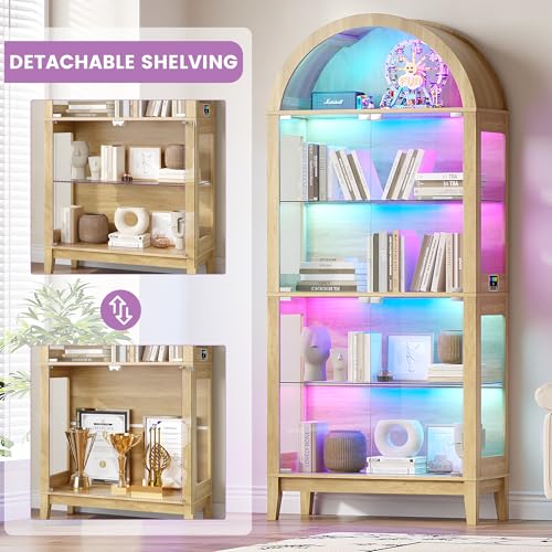 Gurexl 5-Tier Arched Glass Display Cabinet, Motion Sensor RGB LED Showcase with Music Sync Light & Adjustable Shelves, Tempered Glass Curio Cabinet for Action Figures Trophies Collectibles, Wood - color: Wood-80008a
