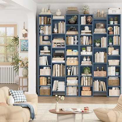 FOTOSOK 71'' Tall Bookshelf with 21 Cubes, 8 Tier Triple Wide Bookshelf with 8 Adjustable Shelves, 35" Large Bookcase DVD/CD Media Tower Storage, Freestanding Display Shelf Cabinet, Blue - color: Blue