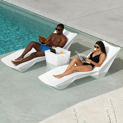 Modern Assemble-Free Outdoor Side Table, Pool Side Table for Inside Pool or on Patio, Lounger Table with 2 Cup Holders * 1 Tablet Holder, White