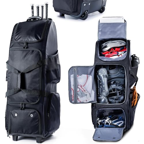Rolling Baseball Bag With Wheels, Seperate Shoe Compartment and Fence Hook - Large Softball Bag for T-Ball - Team Equipment Duffle Bag - Catcher Gear Bag for Boys 8-12, Youth, Adults - color: Black