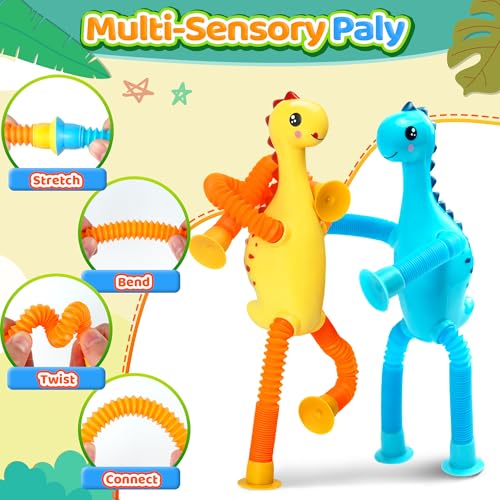 4Pcs Dinosaur Airplane Travel Car Ride Toys for Toddlers Kids Boys Girls Sensory Suction Cup Tube ADHD Autism Road Trip Car Activities Essential Stocking Easter Basket Stuffer Valentines Gift - color: 4pc Dinosaur