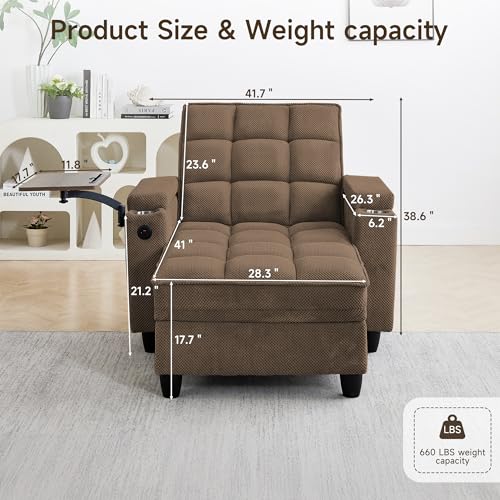 oaaktu Modern Tufted Linen Fabric Chaise Lounge Sofa Chair with Rotating Side Table,Storage,Pillow,USB Charging Ports and Adjustable Backrest Perfect for Living Room, Small Spaces (Coffee) - color: 12coffee