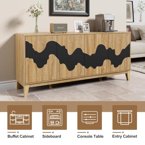 UEV Buffet Cabinet, 63" Modern Sideboard with Black Water Stream Pattern, Kitchen Storage Cabinet with 4 Doors & Shelf, Wood Credenza for Dinning Room, Living Room - color: Natural and Black