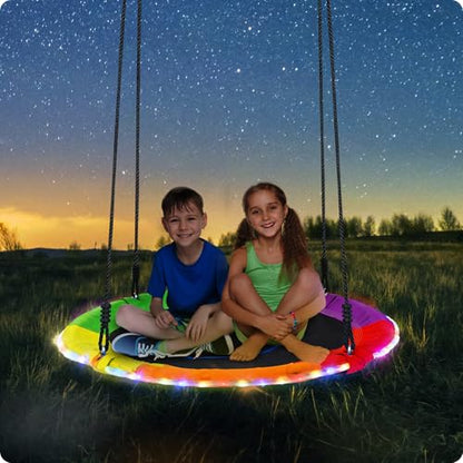 Trekassy 700lbs 40" Saucer Tree Swing for Kids Adults Outdoor with LED Lights, 2 Tree Hanging Straps-Rainbow - color: Rainbow