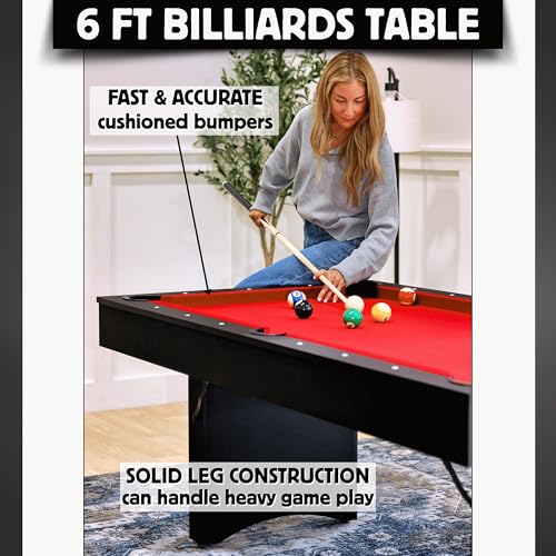 Freetime Fun 6 FT Pool Table, No Assembly, Portable, Includes Billiard Tables Accessories- 2 Pool Cues, Set of Balls, Triangle, Pool Table Brush, Chalk - color: Red Felt