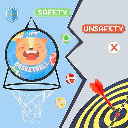 CYFIE 2-in-1 Kids Basketball Hoop & Dart Board for Toddlers,Hanging Sports Toss Game with Soft Sticky Balls, Indoor Outdoor Active Play Toss Toy，Portable Family Toss Game Gift for Boys Girls Ages 3-8