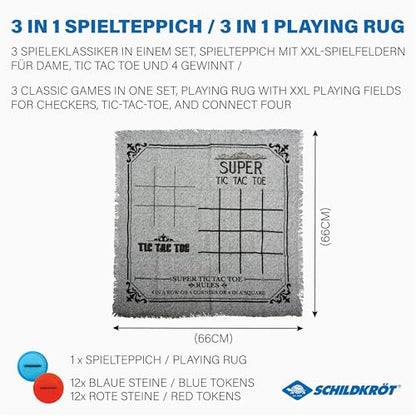 Schildkröt 3-in-1 Carpet, Women XXL Tic Tac Toe and 4-in-Line Rug with 24 Pieces, Beach Game, Garden or Park