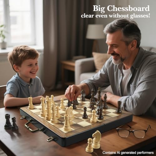 18.5" Wooden Chess Set with Handle,Chess Sets for Adults Kids Portable Folding Board Games with 4.5" King 2 Extra Queens,Handmade Weighted Large Pieces with Storage Slots