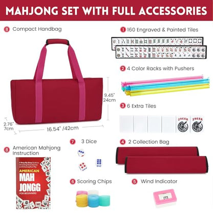 American Mahjong Tile Set,166 White Tiles Mahjong Set,4 Colors Mahjong Racks,Travel Mahjong Set with Red Carrying Bag - style: Red Bag