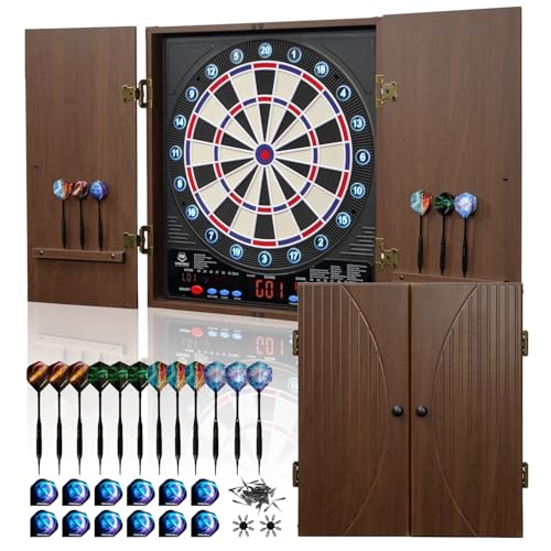 Electronic Dart Board, Soft Tip Dartboard Cabinet Set for Adults, LCD Scoring Dartboard with 34 Games & 355 Variants, Up to 8 Players,12 Darts+100 Tips, Wall Mount for Man Cave Bar Game Room - color: Brown