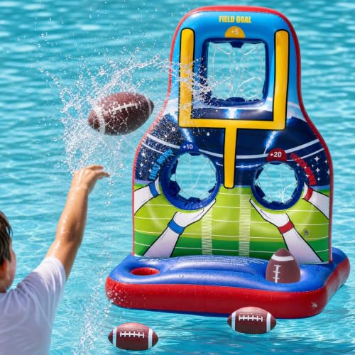 Inflatable Football Toss Pool Games Set, Football Target for Kids Age 8-12, Teens, Adults, Family, with 4 Water Footballs & 2 Pumps, Summer Swimming Pool Toys for Party, Beach, Lawn, Indoor/Outdoor