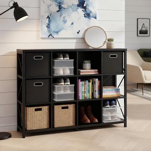 12 Cube Storage Organizer Bookshelf, Industrial Horizontal Bookcase, Accent Cubby Shelf, Media Console Table for Living Room, Home Office, 11.8" D x 47.6" W x 38.2" H, Black - color: Black, size: 12 Cube- 3 Tier