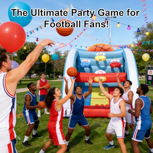 10FT Inflatable Basketball Hoop Game for Kids & Adults - 10x10x10 FT Heavy Duty Oxford Carnival Blow Up Party Zone with 5 Hoops, 4 Balls, Easy Setup Outdoor Backyard Lawn Sports Toy