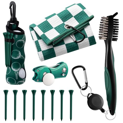 Liliful 12 Pcs Golf Accessories Kit, Include Golf Ball Bag with Hook Towel Tees Magnetic Ball Marker Divot Tool Cleaner Brush for Women Man Gifts - color: Green, style: Checkered