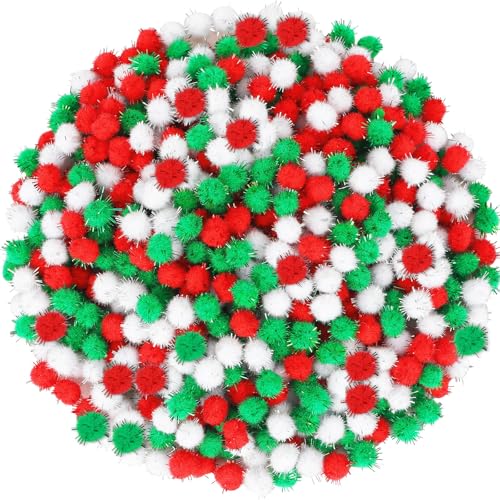 SEPGLITTER 1000 Pcs Christmas Glitter Red Green White Pom Poms for Crafts | 1cm Mini Size, Christmas Sparkle Puff Balls, DIY Crafts Making, Handmade Projects, Xmas Holiday Party Supplies Decoration - style: Glitter Red Green White Style