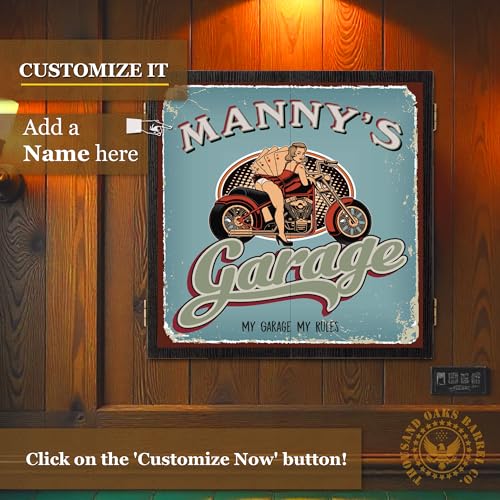 Personalized Dart Board Cabinet Set with 6 Steel Tip Darts, Paper Dartboard, Chalk & Eraser (21.5 x 21.5 x 2.75) - Man Cave Dart Boards for Adults - style: Classic Bike Garage