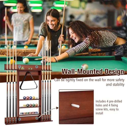 Wall-Mounted Billiards Cue Rack, Wooden Pool Stick Holder 8 Cues & 16 Balls and 5 Storage Compartments, for Game Room Billiard Room Decor Club Pool Table Accessories