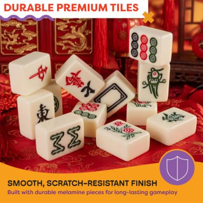 HEY! PLAY! Chinese Mahjong Set with Ornate Storage Case - Traditional Mahjong Tile Game with 146 Engraved Tiles and Two Dice for Adults and Kids