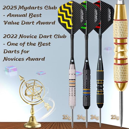 Turnart Darts Metal Tip Set - Steel Tip Darts Darts Set Professional Metal Darts 12 pcs 22/24 Grams Pro Dart Set with Stylish Case Aluminum Shafts Extra 9 Flights - color: Gold / Black