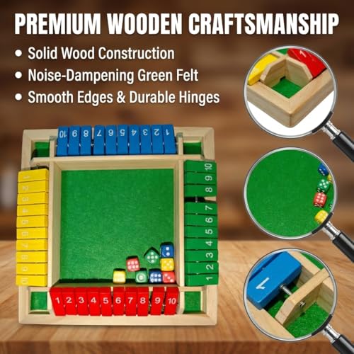 Shut The Box Game Wooden, 2026 New Shut The Box-Wooden Dice Board Game with 8 Dice, Four-Sided Flip Card Game Toys, Enhancing Mathematical and Decision-Making Skill (4 Color)