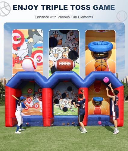 Inflatable Carnival Games with 12 Balls - Baseball, Football & Basketball Toss Throwing Target with 750W Blower, Easy Setup for Indoor/Outdoor Commercial, Birthday Parties, and Lawn Interactive Game