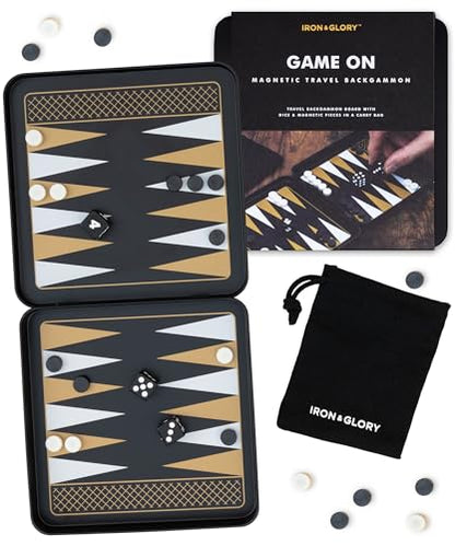 Iron & Glory Magnetic Travel Backgammon Set Durable Tin Case with Secure Magnetic Pieces, Compact & Portable Board Game for Family Strategy Game with Carry Pouch Easy On-the-Go Fun, Ideal Novelty Gift - color: Black