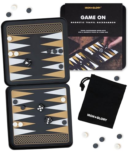 Iron & Glory Magnetic Travel Backgammon Set Durable Tin Case with Secure Magnetic Pieces, Compact & Portable Board Game for Family Strategy Game with Carry Pouch Easy On-the-Go Fun, Ideal Novelty Gift - color: Black