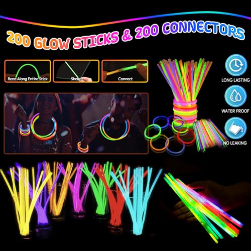 248PCS Glow in the Dark Party Supplies, Party Pack Bulk , 16PCS Foam Glow Sticks & LED Glasses, 16PCS LED Light Up Rings and 200PCS Glow Sticks for Neon Party Decorations, halloween party favors