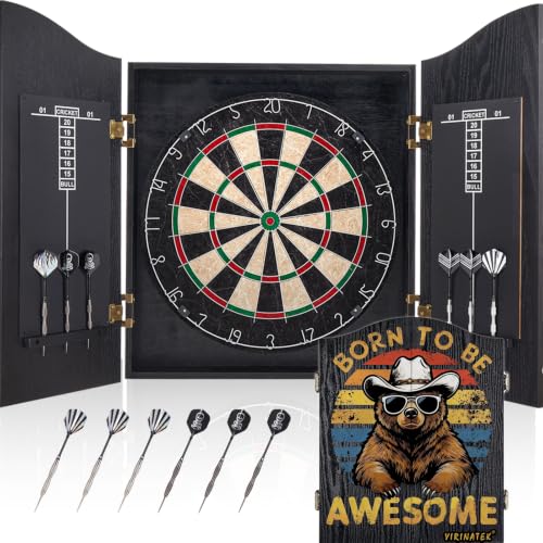 Sisal Dart Board Cabinet Sets, Wooden Dartboard with Scoreboard for Adults | Premium Sisal Bristle Dartboard, Comes with 6 steel-tip darts, Game Room Decor