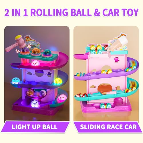 Funwee 2-in-1 Light Up Rolling Ball & Racing Car Ramp Toddler Toy, Race Track Hammer Ball Drop Toys, Interactive Montessori Learning Game for Kids 1-5+ Year Old Girl Boy Gift(Pink) - color: Pink