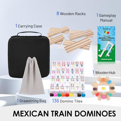 Mexican Train Dominoes Set Double 15 Number Domino Tiles, 136 Colorful Number Dominos Tiles with 8 Wooden Racks, Hub & Trains, Portable Domino Game Set for Adults Kids Families - style: Double 15 Number+8 Racks