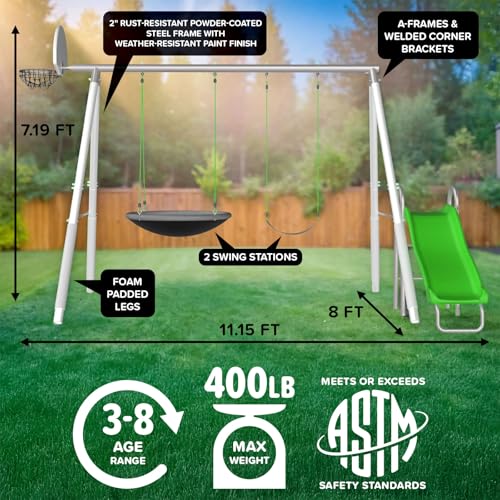Sportspower Super Saucer Hoop and Swing Outdoor Backyard Swing Set with Basketball Hoop, Saucer Swing, Sling Swing, 5-ft Double-Walled Blow Molded Slide, and Bonus Anchor Kit – White/Silver