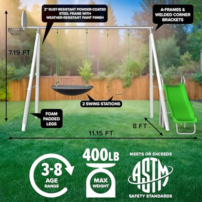 Sportspower Super Saucer Hoop and Swing Outdoor Backyard Swing Set with Basketball Hoop, Saucer Swing, Sling Swing, 5-ft Double-Walled Blow Molded Slide, and Bonus Anchor Kit – White/Silver
