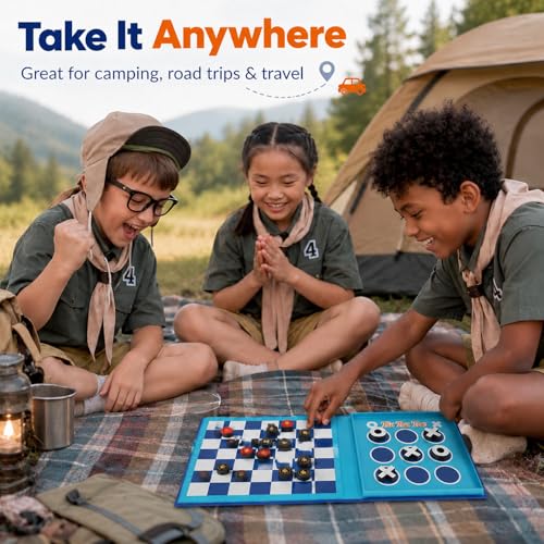 2-in-1 Travel Checkers and Tic Tac Toe Game for Kids Ages 8-12, Magnetic Checkers Board Game, Foldable Road Trip and Plane Activities - color: Checkers